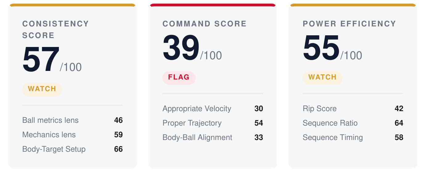 Three scores from a Biometrek assessment report: consistency, command and power, each with its contributing measures.